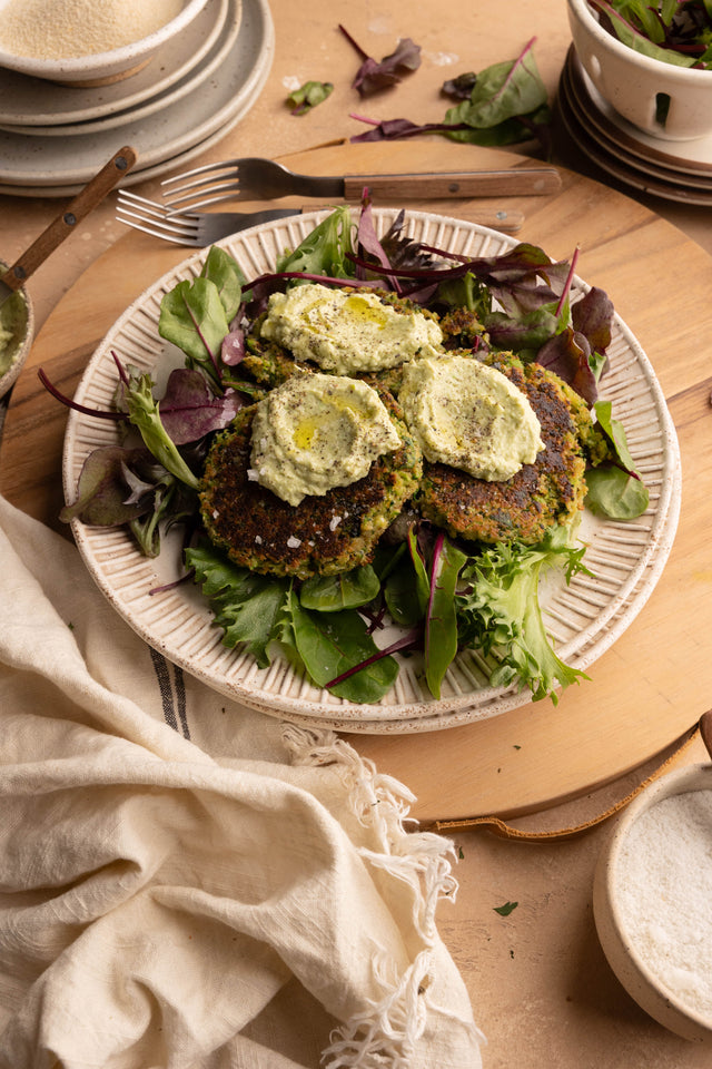 Crispy Broccoli Fritters with Creamy Edamame-Avocado Dip