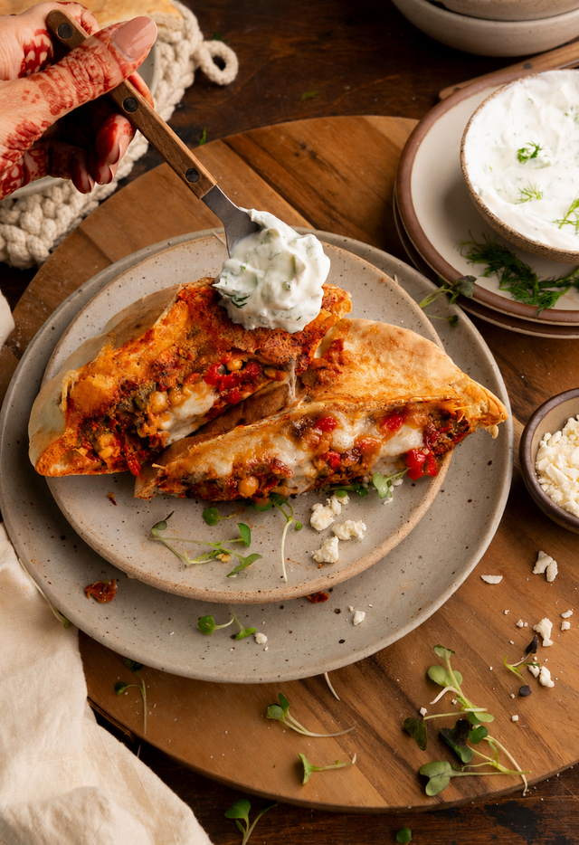 Chickpea & Veggie Stuffed Pitas with Melty Vegan Feta
