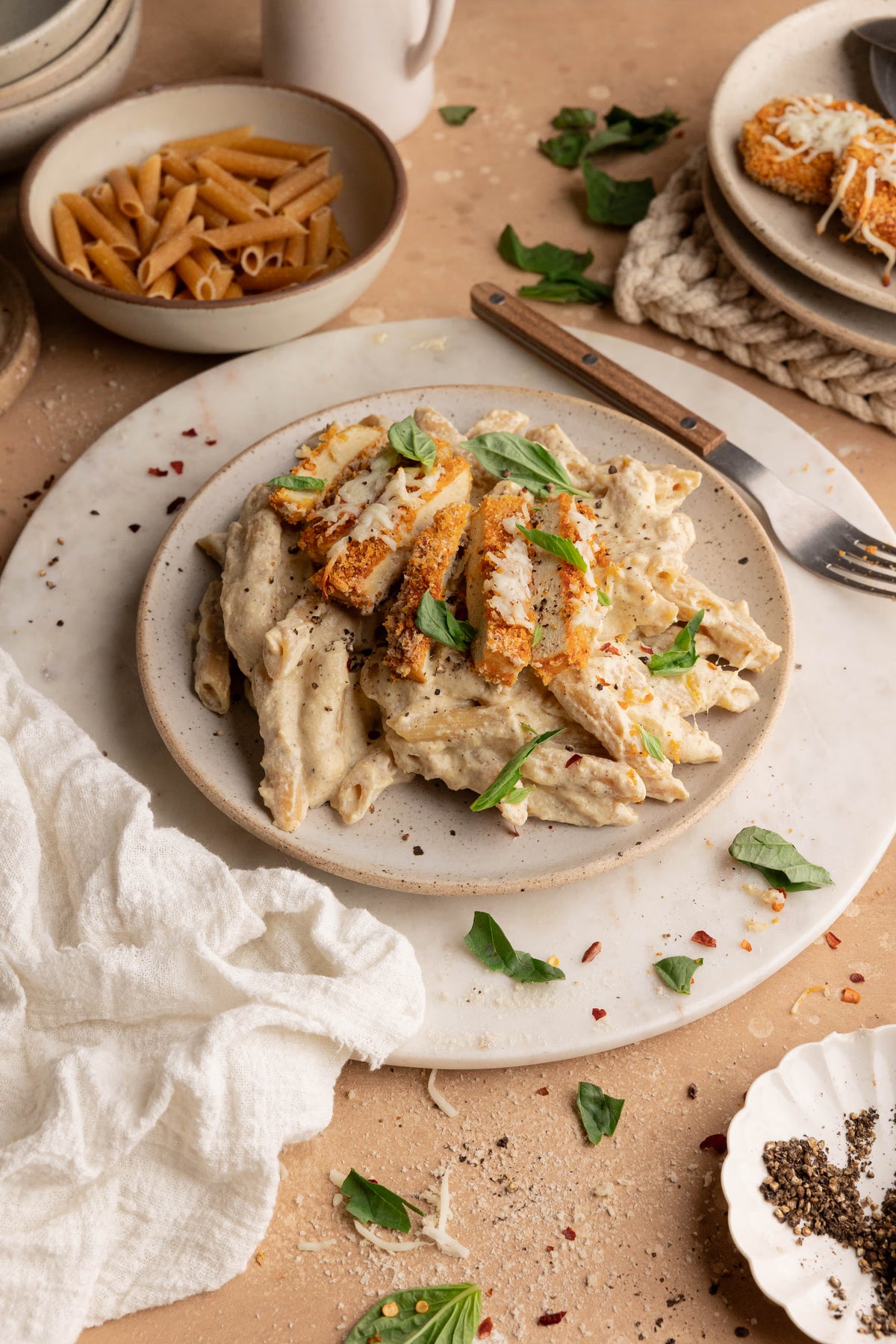 Crispy Vegan Tofu Chicken Parmesan Pasta