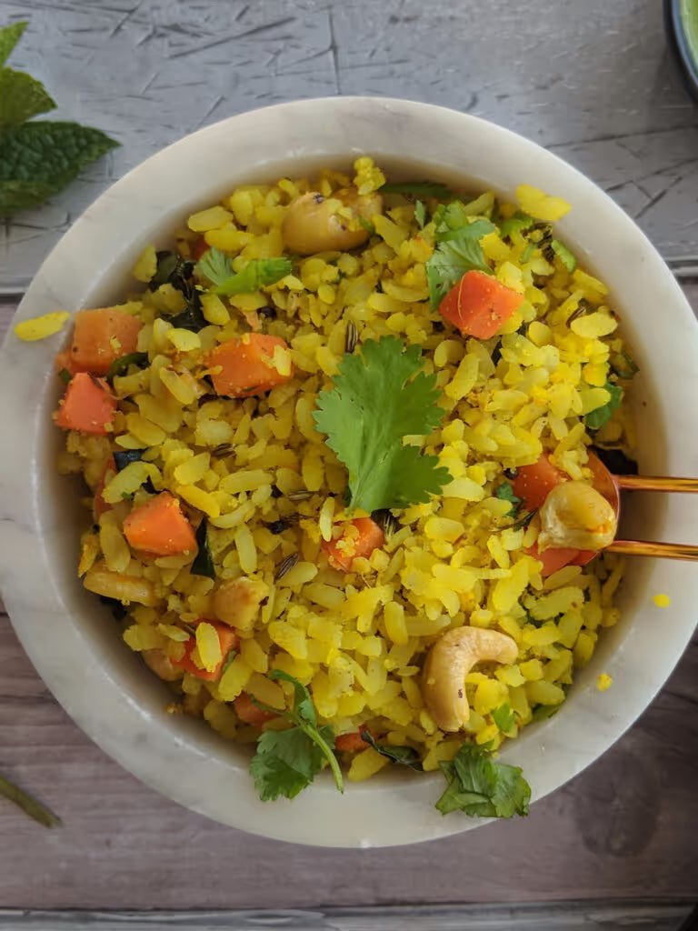Carrot Poha (Indian Flattened Rice Breakfast)