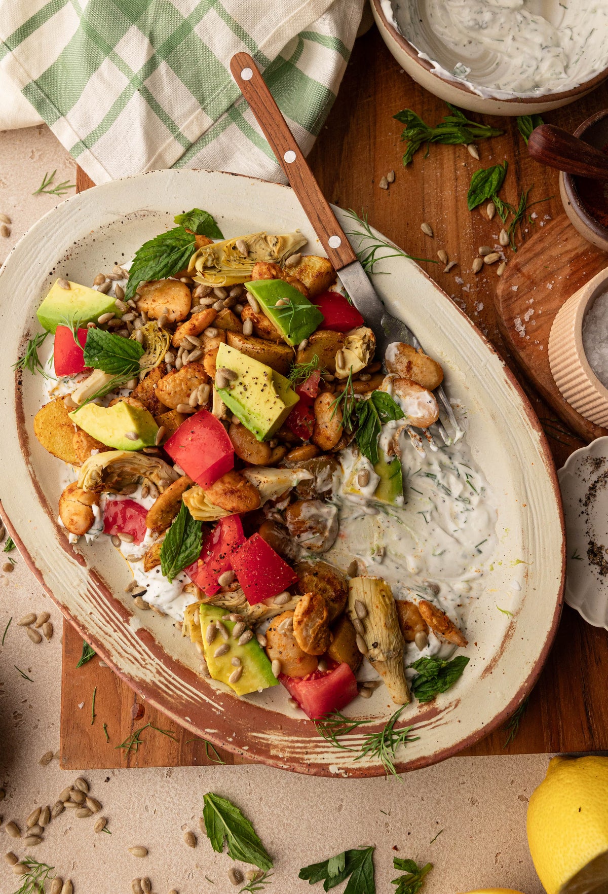 Mediterranean Crispy Potato & Artichoke Salad with Vegan Tzatziki
