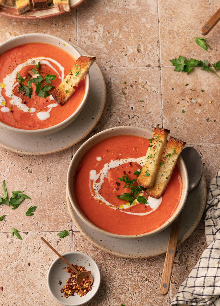 Creamy Roasted Tomato Soup with chilli herb toast