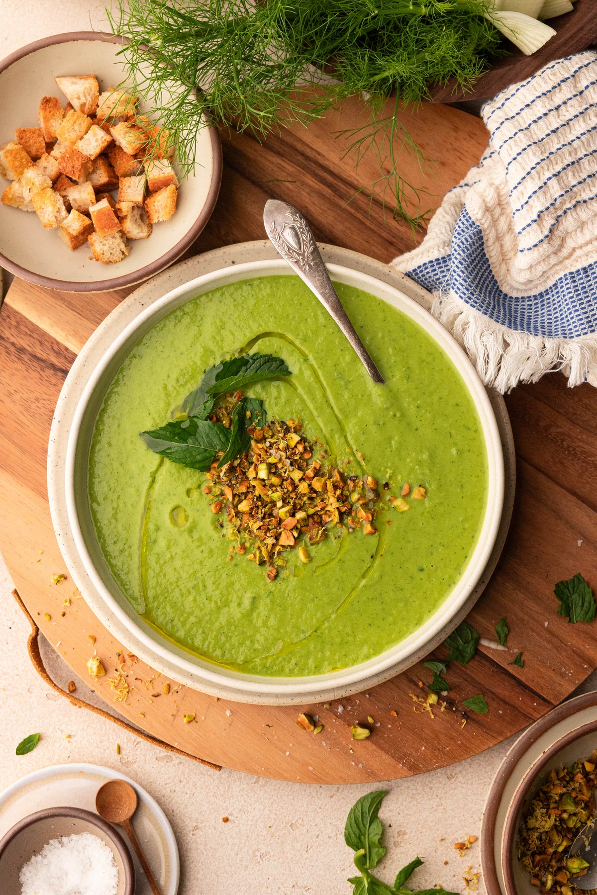 Light and Creamy Zucchini Mint Soup with a Pistachio Crunch