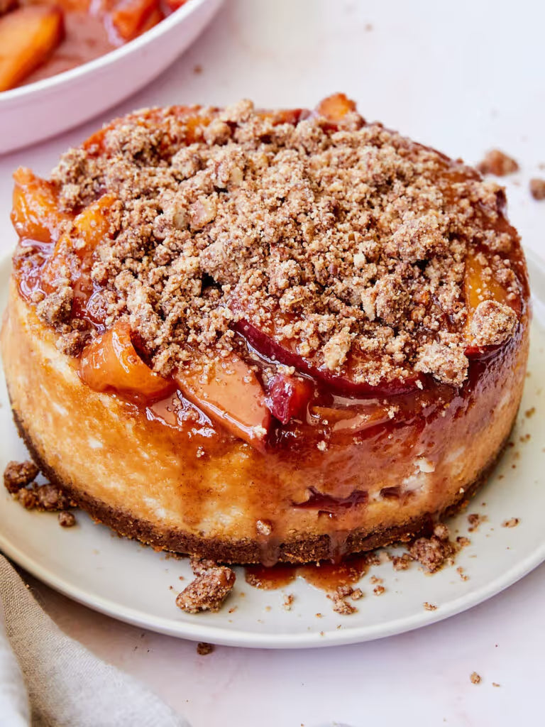 Vegan Peach Cheesecake with Crumbly Pecan Streusel Topping