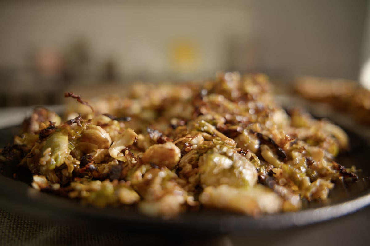Crispy Shredded Brussel Sprouts with Miso Maple Sesame Dressing
