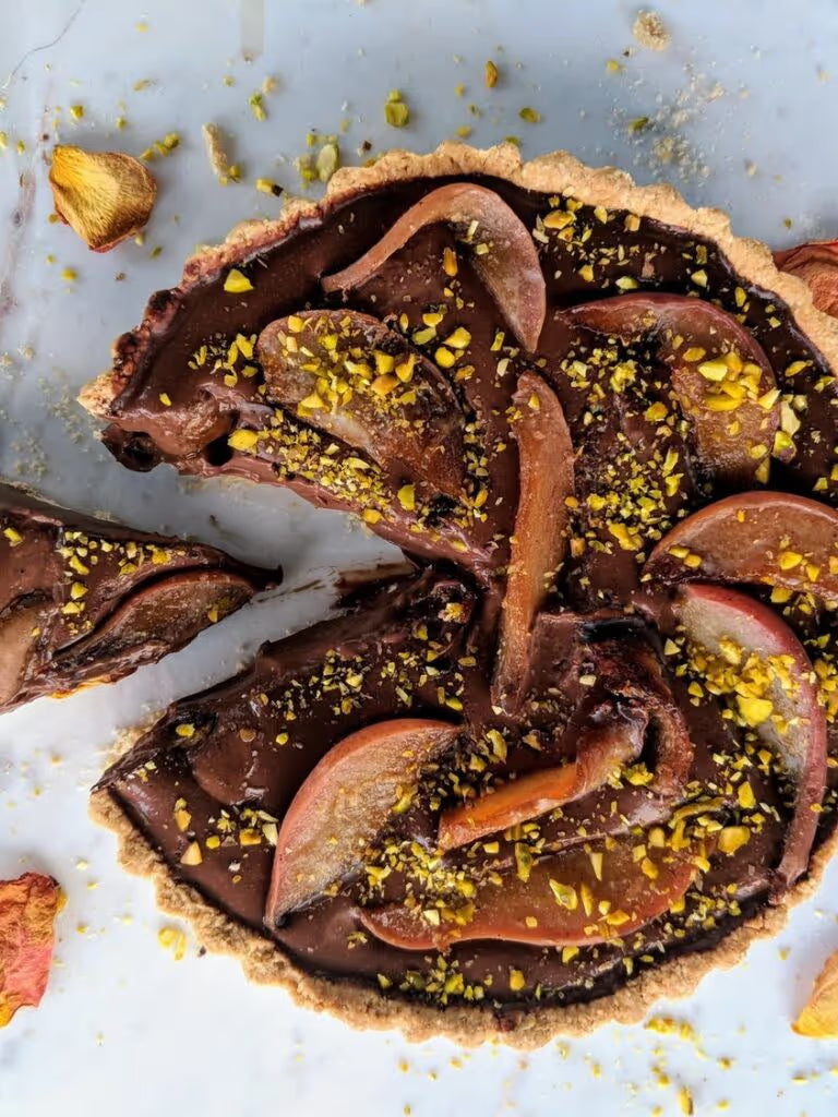 Vegan Caramelized Pear & Chocolate Tart