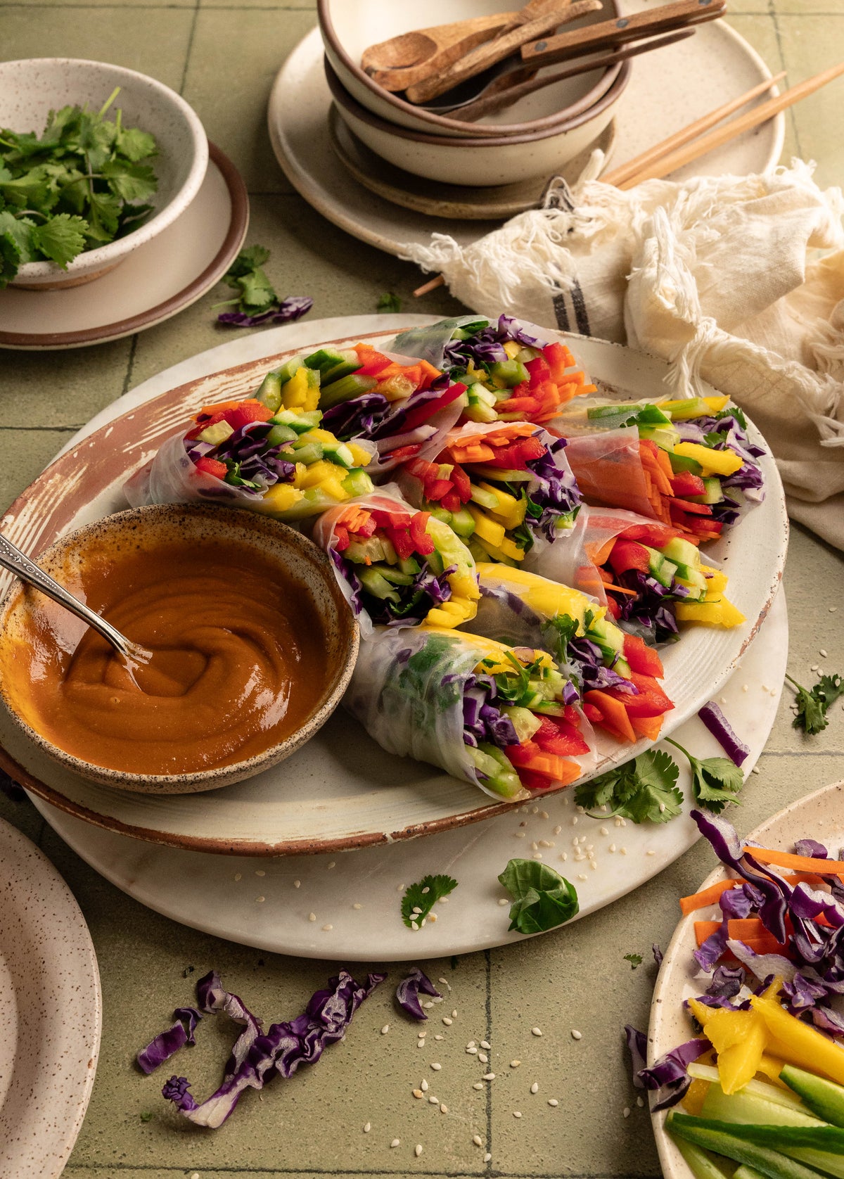 Rainbow Vegan Spring Rolls with Mango and Fresh Thai Herbs