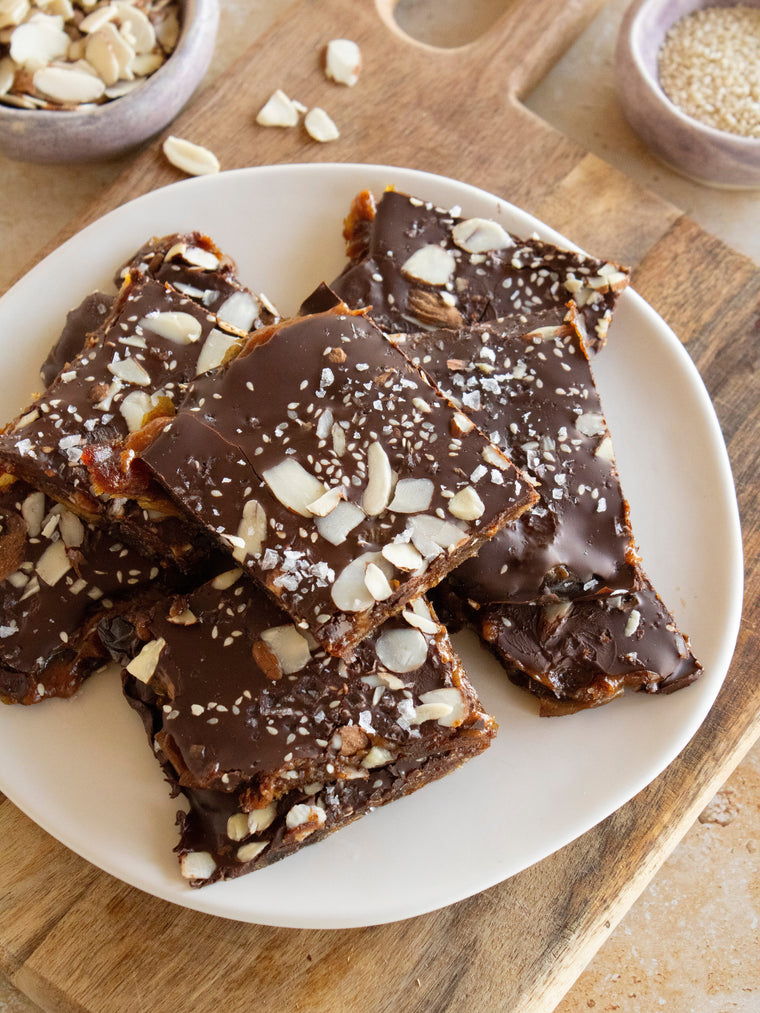 Smashed Date Bark with Tahini, Dark Chocolate and Pistachios